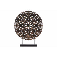 Wood Round Buddhist Wheel Ornament on Rectangular Stand, Bronze