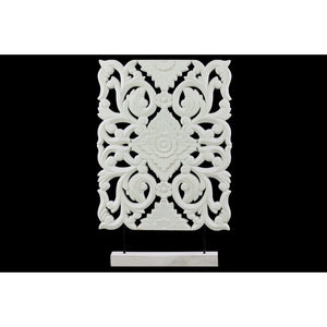 Wood Wide Rectangular Filigree Ornament on Rectangular Stand, White