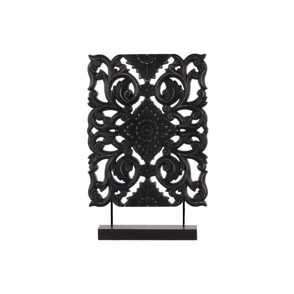 Wood Tall Rectangular Filigree Ornament on Rectangular Stand, Black