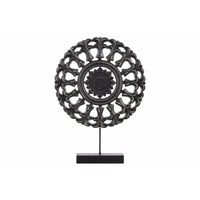 Wood Round Buddhist Wheel Ornament on Rectangular Stand in SM Matte Finish, Black