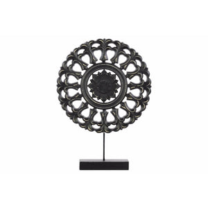 Wood Round Buddhist Wheel Ornament on Rectangular Stand in SM Matte Finish, Black