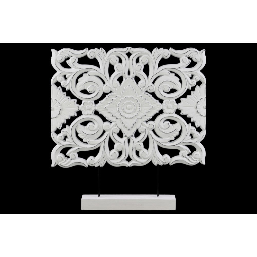 Wood Wide Rectangular Filigree Ornament on Rectangular Stand in Matte Finish, White