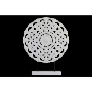 Wood Round Floral Wheel Ornament on Rectangular Stand in LG Matte Finish, White