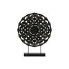 Wood Round Floral Wheel Ornament on Rectangular Stand in LG Matte Finish, Black