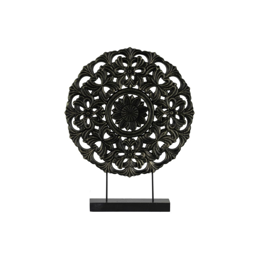 Wood Round Floral Wheel Ornament on Rectangular Stand in LG Matte Finish, Black