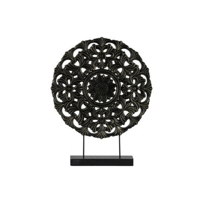 Wood Round Floral Wheel Ornament on Rectangular Stand in LG Matte Finish, Black