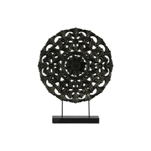 Wood Round Floral Wheel Ornament on Rectangular Stand in LG Matte Finish, Black