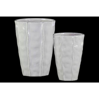 Decorative Ceramic Vase With Embedded Wave Design, Glossy White, Set of 2
