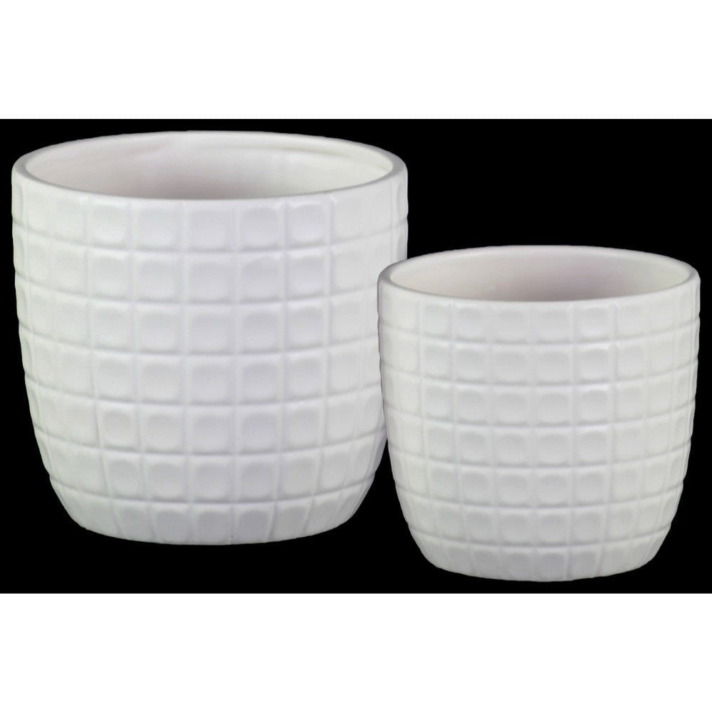 Round Shaped Ceramic Pot with Embossed Lattice Square Design, White, Set of 2