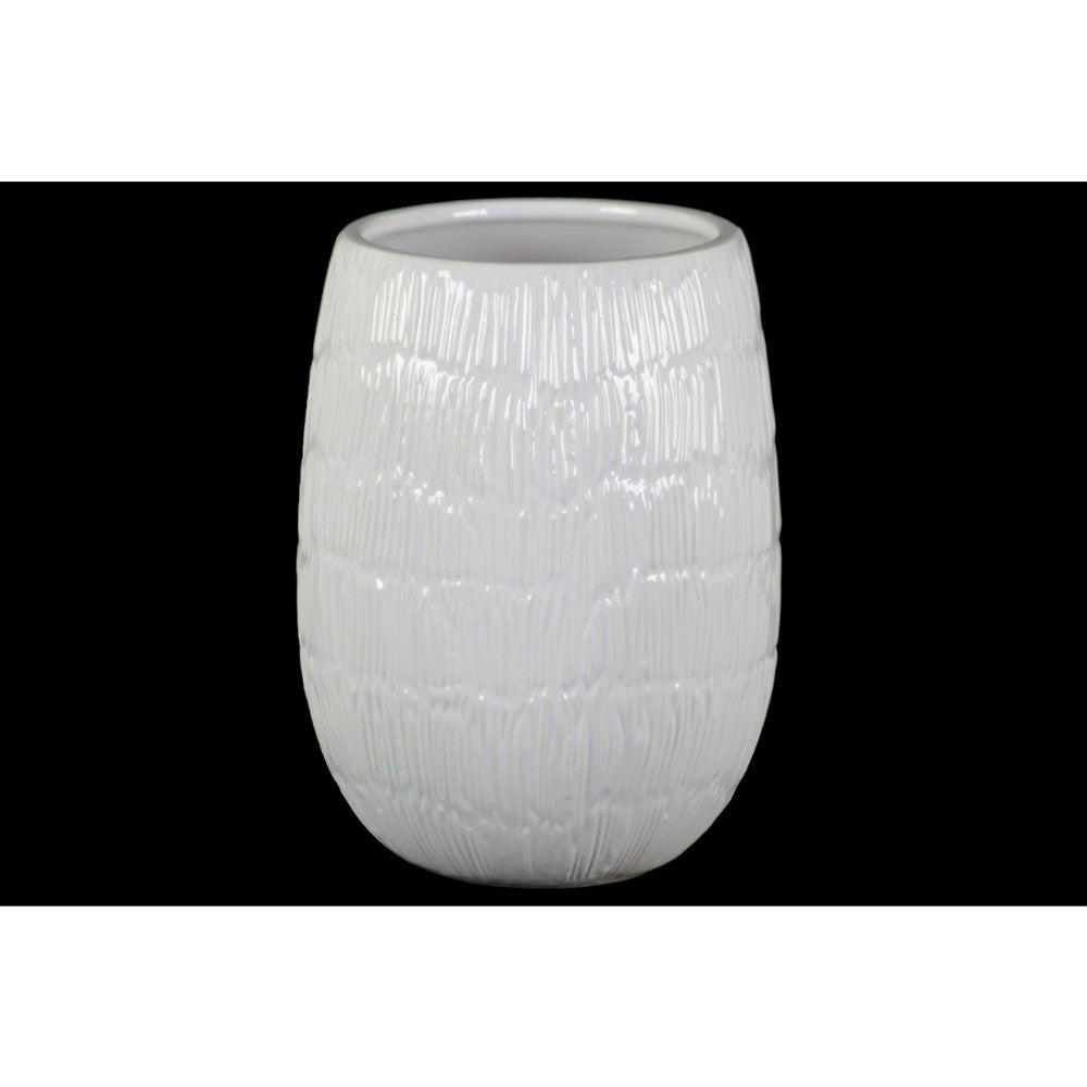 Round Shaped Ceramic Vase with Embossed Lines Design, Large, Glossy White