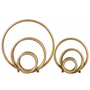 Metal Round Abstract Ring Sculpture, Gold, Set of 2