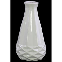 Ceramic Bellied Round Vase with Geometric Pattern, Glossy White