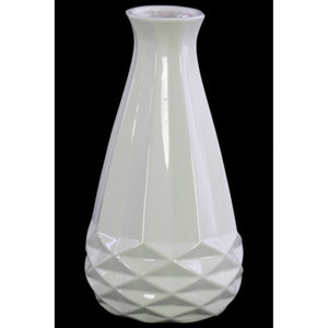 Ceramic Bellied Round Vase with Geometric Pattern, Glossy White