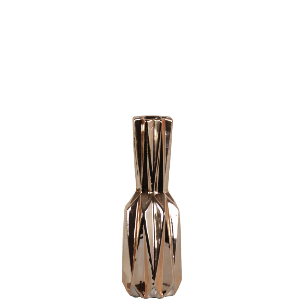 Ceramic Patterned Bottle Vase With Chrome Finish, Small, Rose Gold