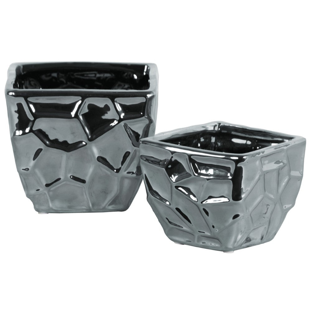 Ceramic Square Vase with Embossed Irregular Design, Set Of 2, Silver