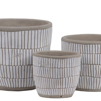 Irregular Stoneware Pot With Embossed Lattice Rectangle Design, Set of 3, White