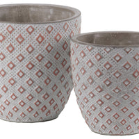 Cement Round Embossed Diamond Design Pot, Set of 2, Vermillion