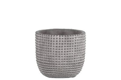 Cement Engraved Square Lattice Design Pot With Tapered Bottom, Small, Light Gray