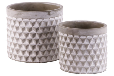 Cement Round Engraved Lattice Polygon Design Pot, Set of Two, Gray