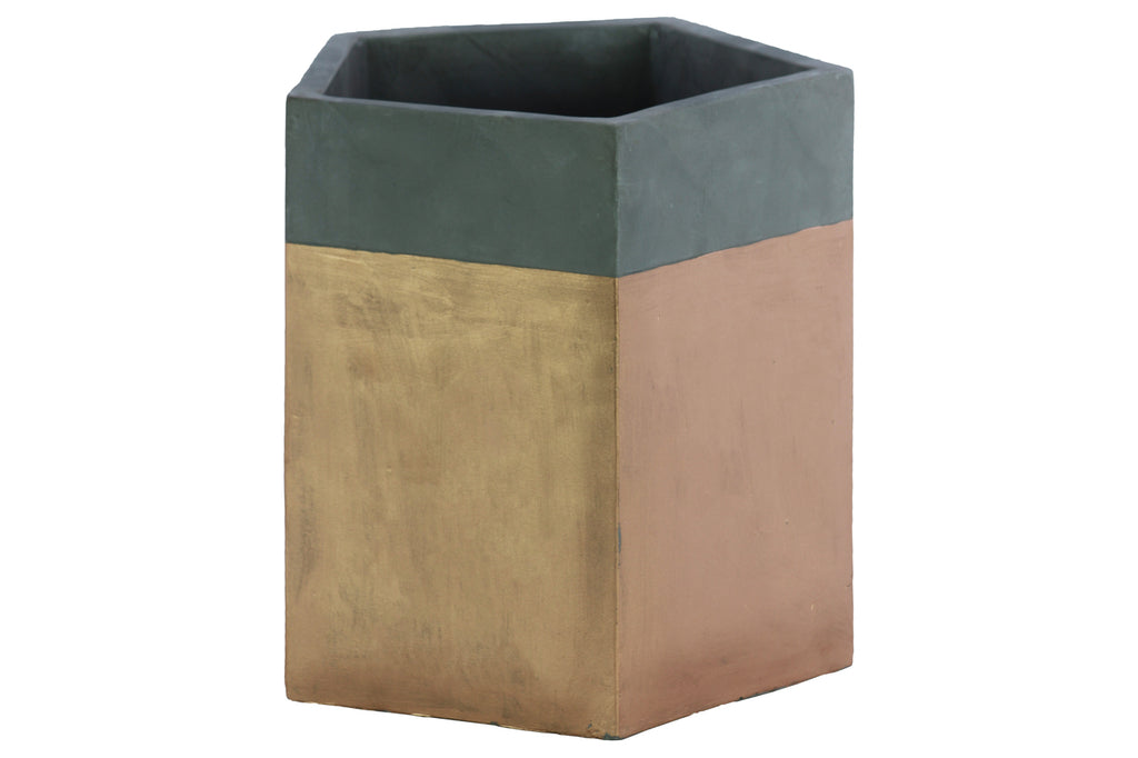 Pentagonal Shape Cemented Flower Pot With Gold Banded Rim, Gray