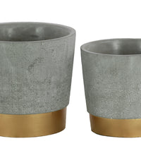 Round Cemented Flower Pot  On Gold Banded Rim Base, Set of 2, Gray