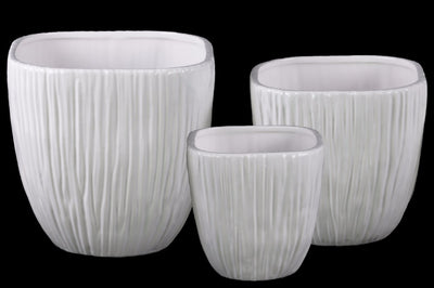 Ribbed Patterned Ceramic Flower Pot With Tapered Bottom, White