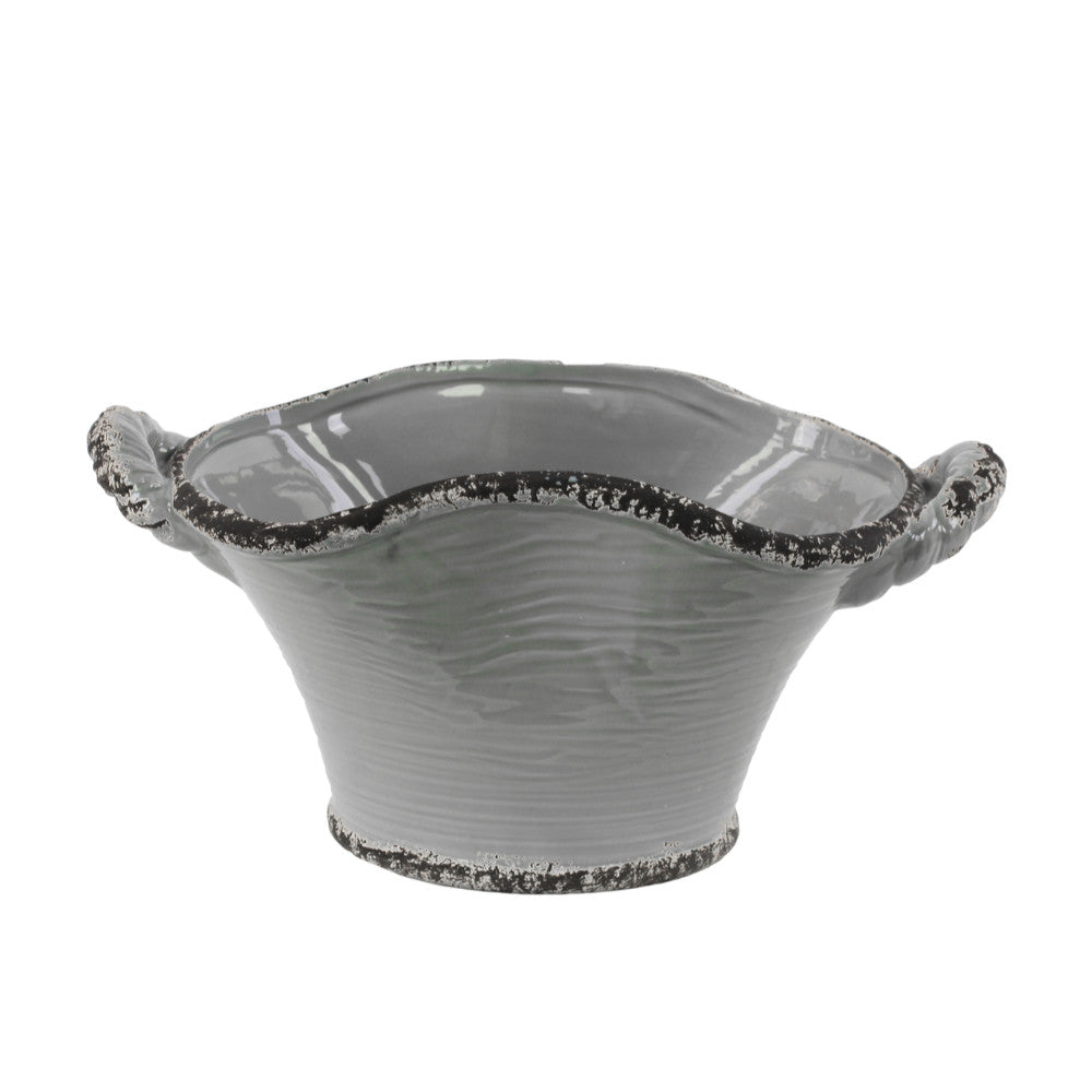 Stadium Shaped Ceramic Pot With Handles, Small, Glossy Gray