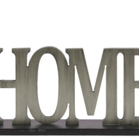 Wood Alphabet Decor "Home" On Black Rectangular Base, Silver