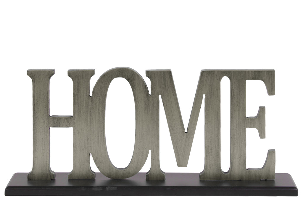 Wood Alphabet Decor "Home" On Black Rectangular Base, Silver