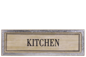 Wood Alphabet Decor "Kitchen" On Metal Rust Effect Rectangular Edge, Brown