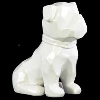 Geometrically Carved Sitting British Bulldog Figurine In Ceramic, White