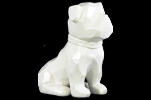 Geometrically Carved Sitting British Bulldog Figurine In Ceramic, White