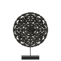 Floral Patterned Round Wooden Wheel Ornament On Rectangular Stand, Small, Black