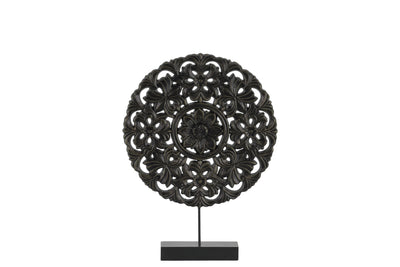 Floral Patterned Round Wooden Wheel Ornament On Rectangular Stand, Small, Black