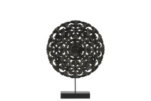 Floral Patterned Round Wooden Wheel Ornament On Rectangular Stand, Small, Black