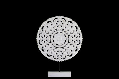 Floral Patterned Round Wooden Wheel Ornament On Rectangular Stand, Small, White