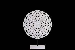 Floral Patterned Round Wooden Wheel Ornament On Rectangular Stand, Small, White