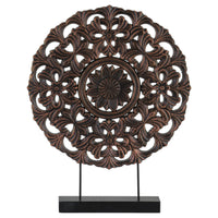 Floral Patterned Round Wooden Wheel Ornament On Rectangular Stand, Large, Bronze