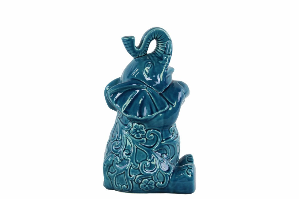 Floral Carved Sitting Elephant Figurine In Ceramic, Medium, Turquoise Blue