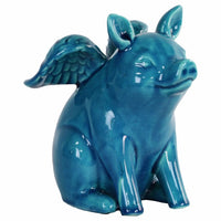 Winged Pig Sitting Figurine In Ceramic, Turquoise Blue