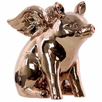 Winged Pig Sitting Figurine In Ceramic, Chrome Gold