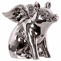 Winged Pig Sitting Figurine In Ceramic, Chrome Silver