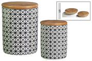 Cylindrical Ceramic  Canister With Bamboo Lid, Set of 2, White