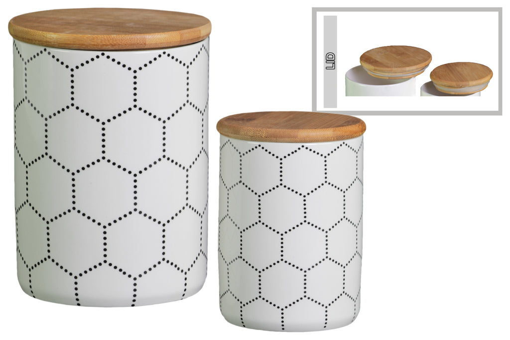 Cylindrical Ceramic Canister With Printed Hexagon Lattice Design, Set of 2, White