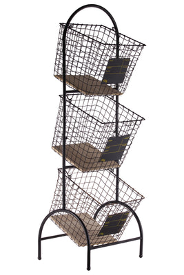 Metal Cart With 3 Tier Baskets And Wood Surface, Black