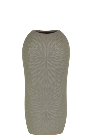 Ceramic Tall Engraved Leaf Design HalfCircle Vase, Small, Gray