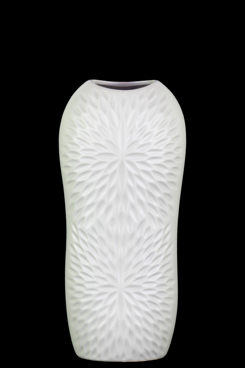 Ceramic Tall Engraved Leaf Design HalfCircle Vase, Small, White