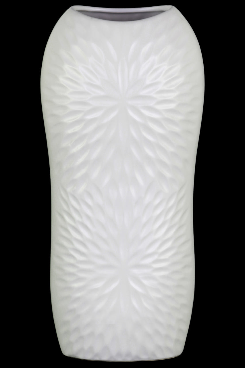 Ceramic Tall Engraved Leaf Design HalfCircle Vase, Large, White