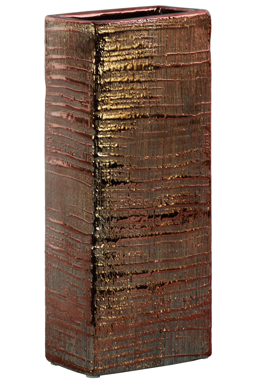 Ceramic Tall Rectangular Ribbed Design Vase, Large, Distressed Copper Finish