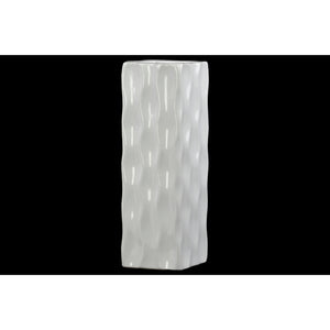 Square Shaped Ceramic Vase With Wavy Pattern, Large, Glossy White
